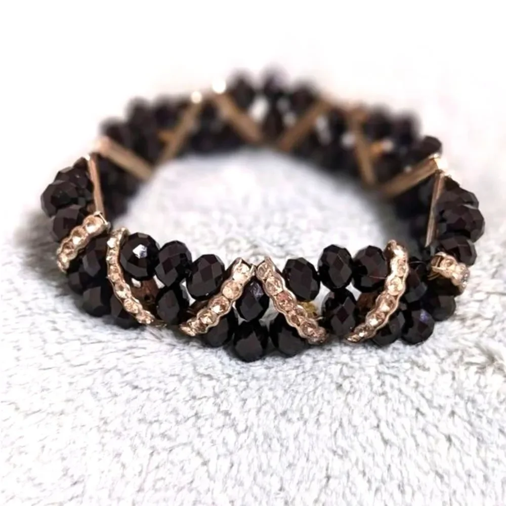 Vintage Black Crystal Bead Stretchy Bracelet with Rhinestone Accents